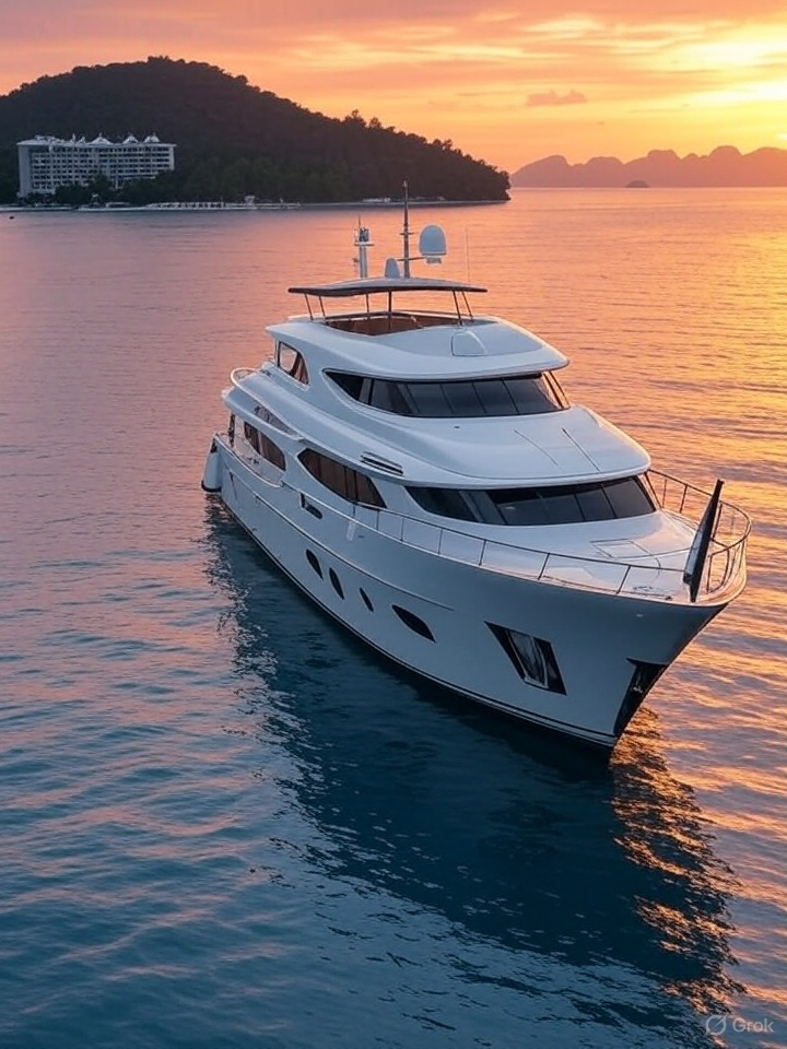 A luxurious white yacht floats on calm water at sunset, reflecting golden and pink hues. In the background, theres a forested island, a hotel or resort, and a colorful sky.