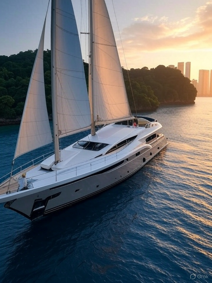 A large white sailing yacht glides on calm blue water near a green, tree-covered shoreline at sunset, with tall city buildings visible in the background.
